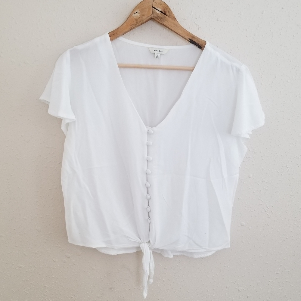Sim & Sam White Button Down V Neck Top Blouse